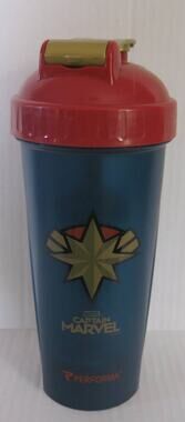 MARVEL Captain Marvel Performa Blender Bottle Screw Sip Lid Blue Red Gold 28 Oz